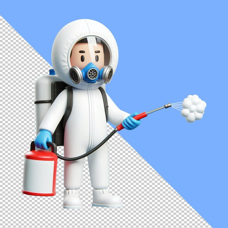 PSD a person wearing a gas mask and protective clothing and disinfecting