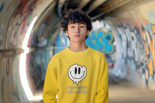 person wearing sweatshirt mockup