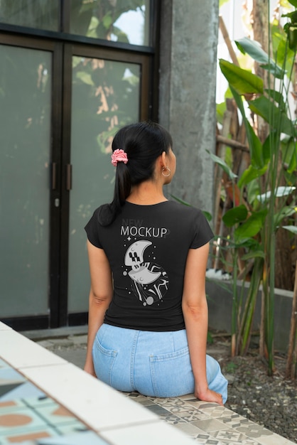 PSD person wearing t-shirt mock-up with back view