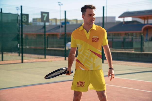 PSD person wearing tennis outfit mockup design