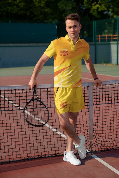 PSD person wearing tennis outfit mockup design