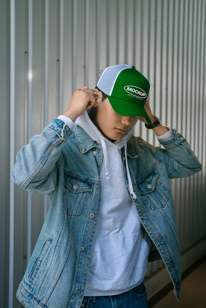 Person wearing trucker hat mockup