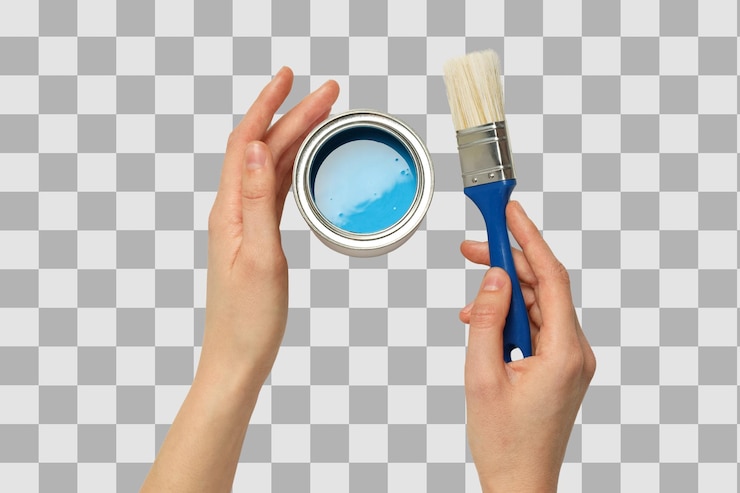 PSD person with blue paint and brush isolated on white png