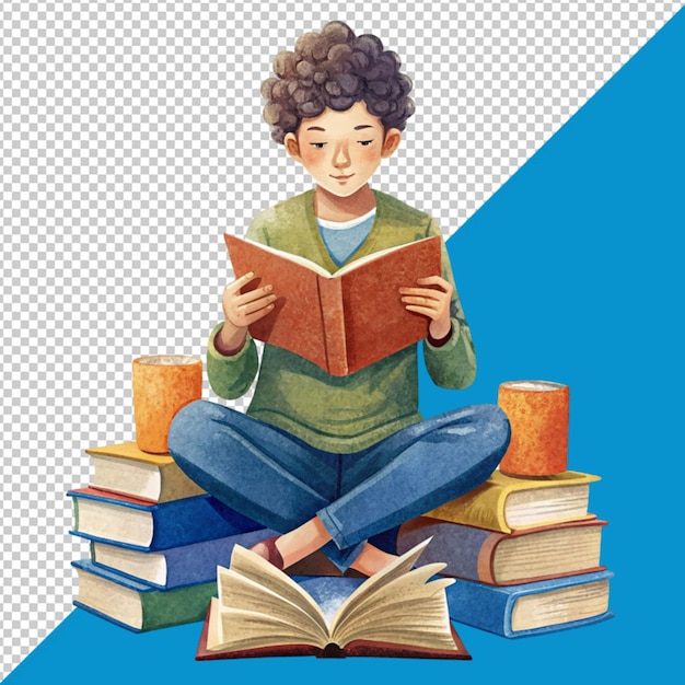 PSD person with books in digital art style for education day on transparent background