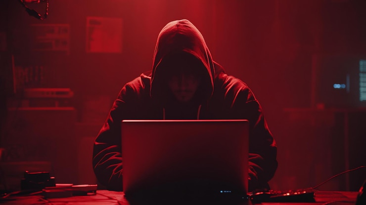PSD person with hoodie working on laptop in a dimly lit redlit room
