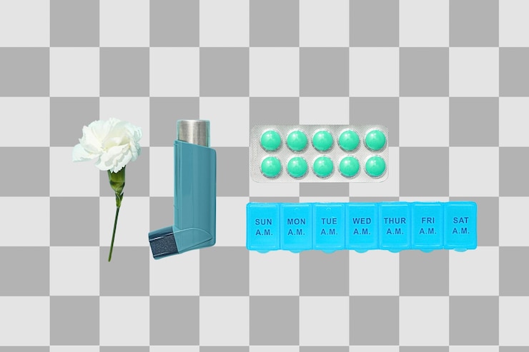 PSD 吸入器和藥物在白色 png 上隔離的人