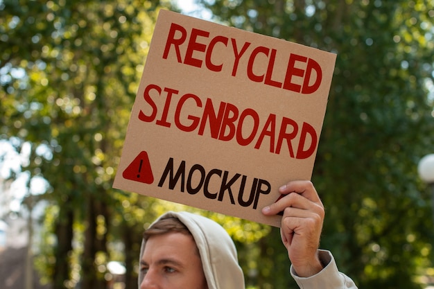 PSD person with a recycled signboard mockup