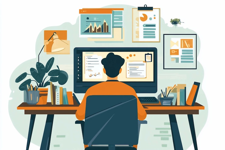 PSD person working on a computer at a home office desk filled with documents and plants