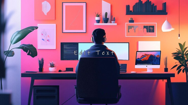PSD person working from home at night in a vibrant room