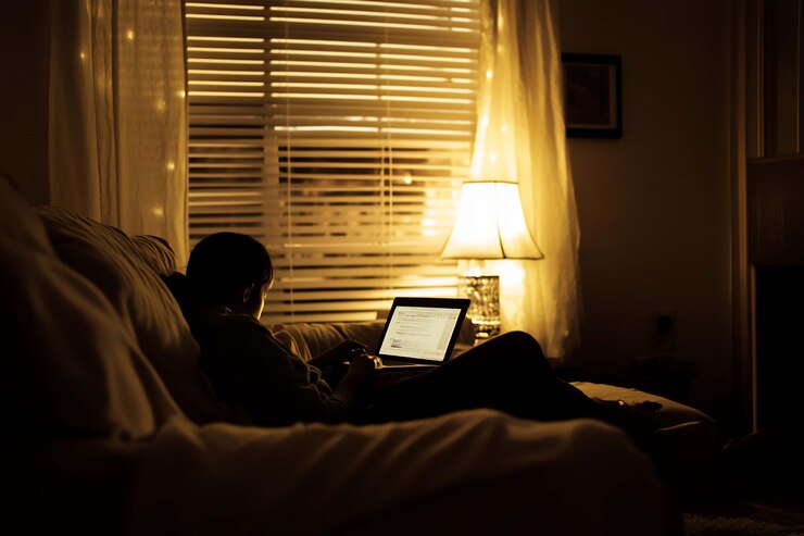 PSD person working on laptop at night on a couch by a window