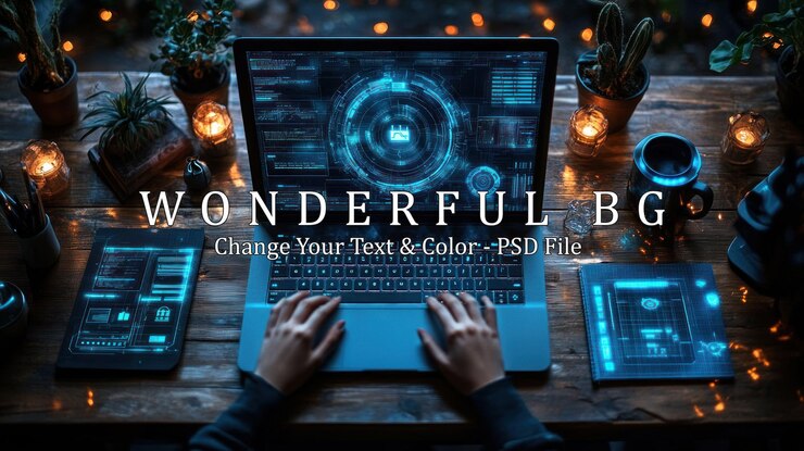 PSD a person working on a laptop with a futuristic interface surrounded by candles plants and a tablet