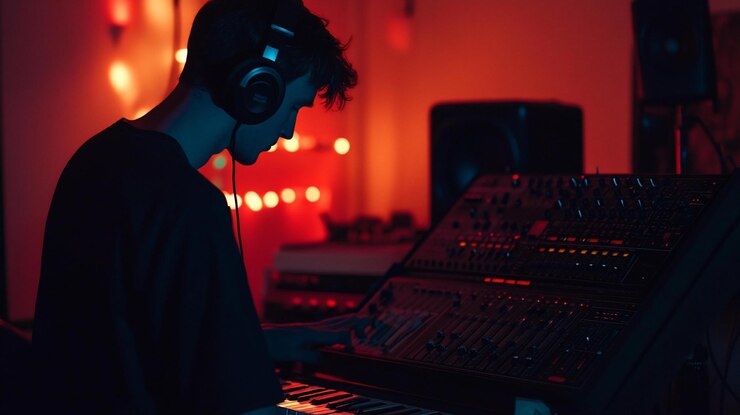PSD person working on music production equipment in a dark recording studio