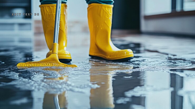 PSD person in yellow boots cleaning flood water with a squeegee