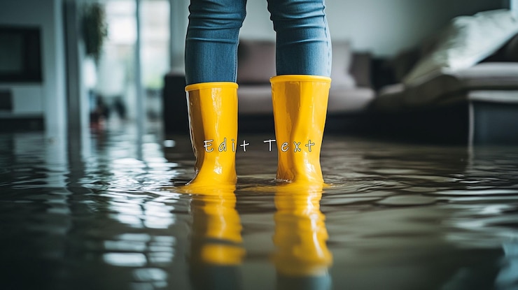 PSD person in yellow boots wading through floodwater in home