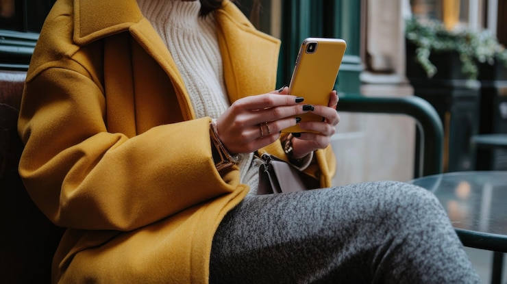 PSD человек в желтом пальто использует смартфон на открытом воздухе