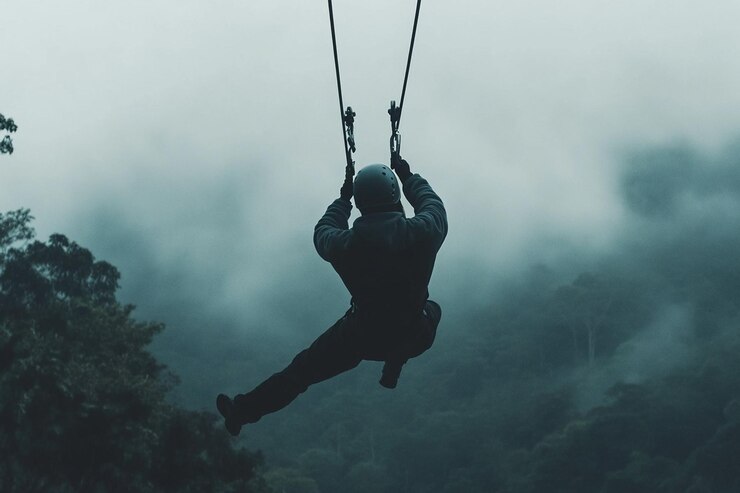 PSD person ziplining through misty jungle canopy
