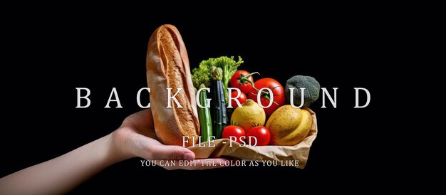 PSD persons hand holding whole bread tomato banana and vegetables healthy food concept