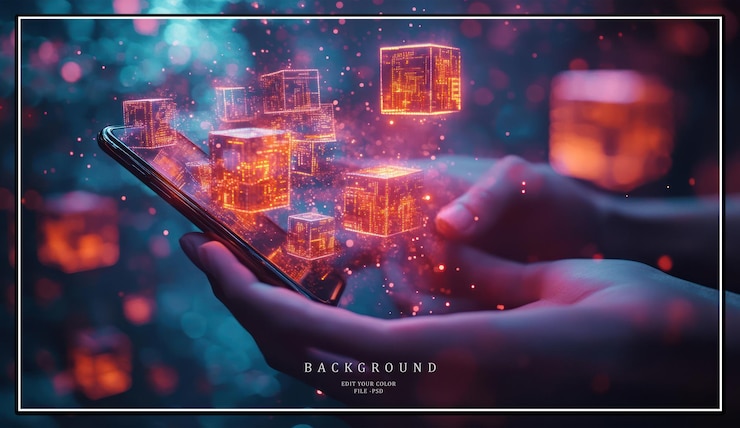 PSD a persons hands hold a smartphone with glowing cubes emanating from the screen
