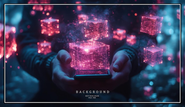 PSD a persons hands holding a smartphone with glowing pink cubes emanating from it