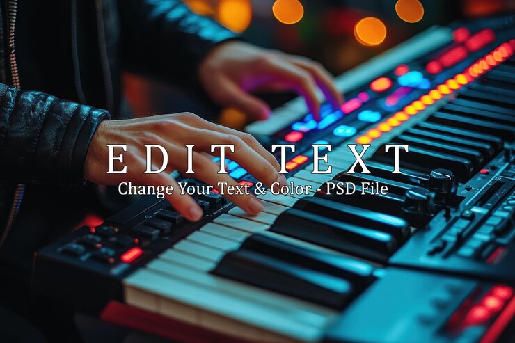 PSD a persons hands playing a keyboard with colorful lights