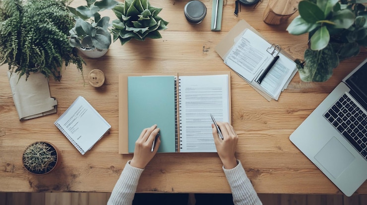 PSD persoon die aan een houten bureau werkt met open notitieboeken, documenten en planten