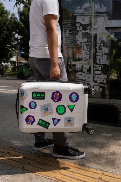 Persoon die bagage met stickers vervoert