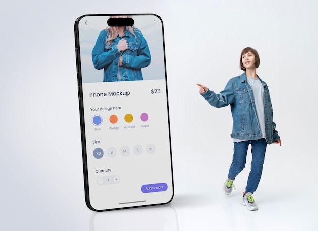 Persoon die naar een reusachtig telefoonmodel wijst