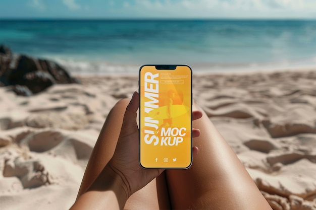 Persoon met een smartphone met een interface mock-up op het strand tijdens de zomer