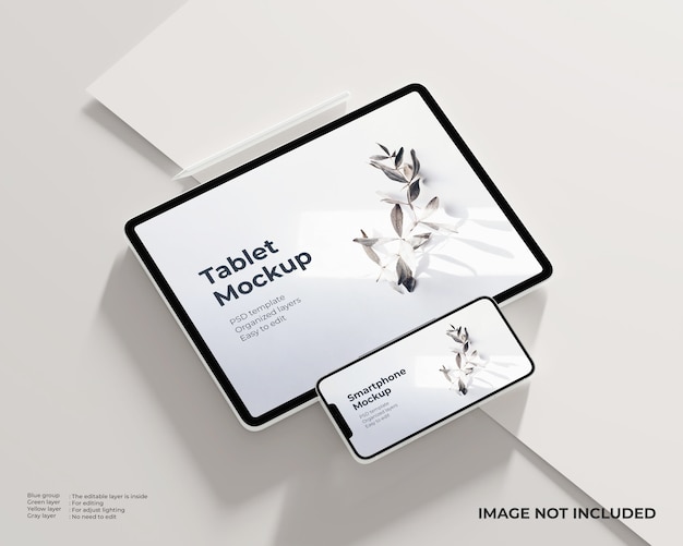 PSD perspectief tablet en smartphone met stylus pen mockup