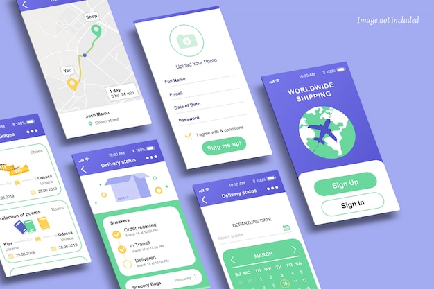 PSD mockup di schermate dell'app in prospettiva