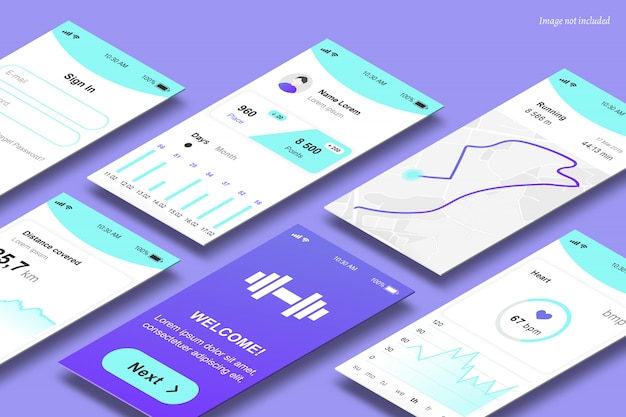 PSD mockup di schermate dell'app in prospettiva
