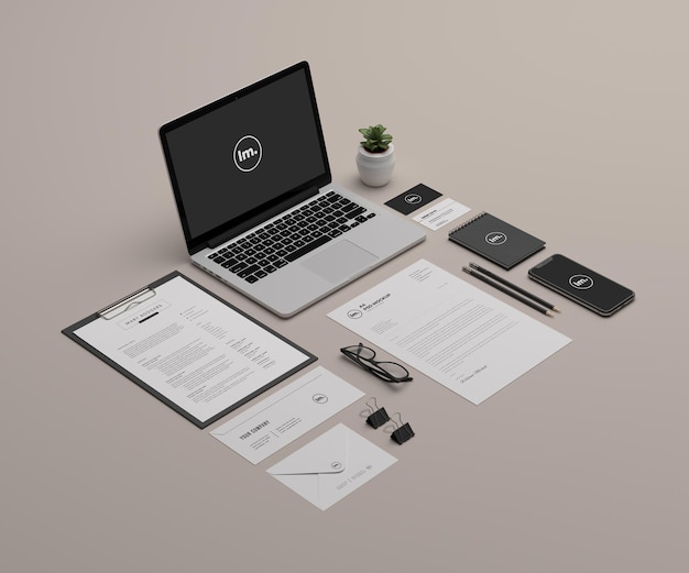 Cancelleria in prospettiva e design mockup del marchio isolato