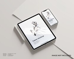 Perspective tablet and smartphone with stylus pen mockup