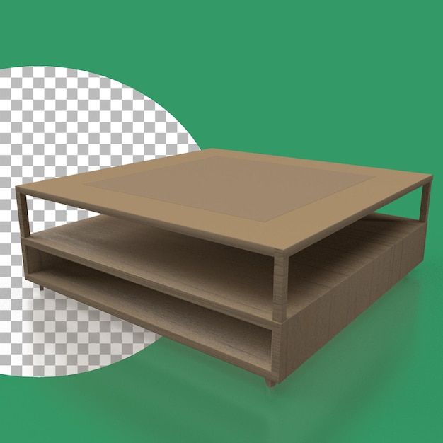 Perspective view low wooden coffee table on transparent background