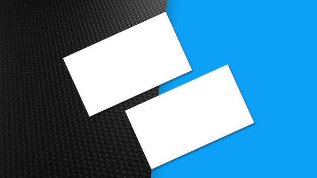 Perspective view of white blank business card mockup with black texture background