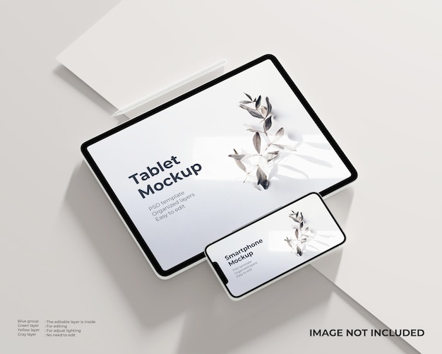 Perspektywiczny tablet i smartfon z makietą rysika