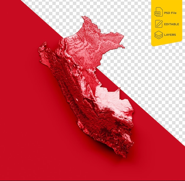 PSD peru map with the flag colors red and white shaded relief map on red background 3d illustration