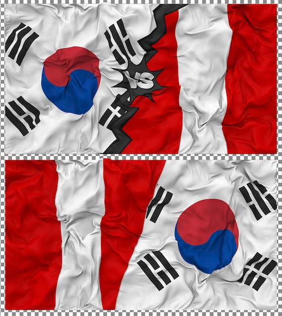Peru versus Zuid-Korea Half Combined Flag Cloth Bump Texture 3D Rendering