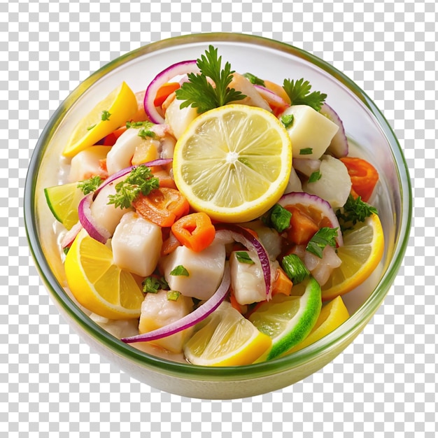 PSD peruvian mixed ceviche with lemon isolated on transparent background