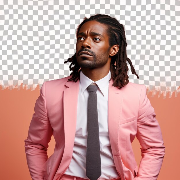 PSD a pessimistic adult man with long hair from the african ethnicity dressed in marketing manager attire poses in a hand brushing through hair style against a pastel coral background