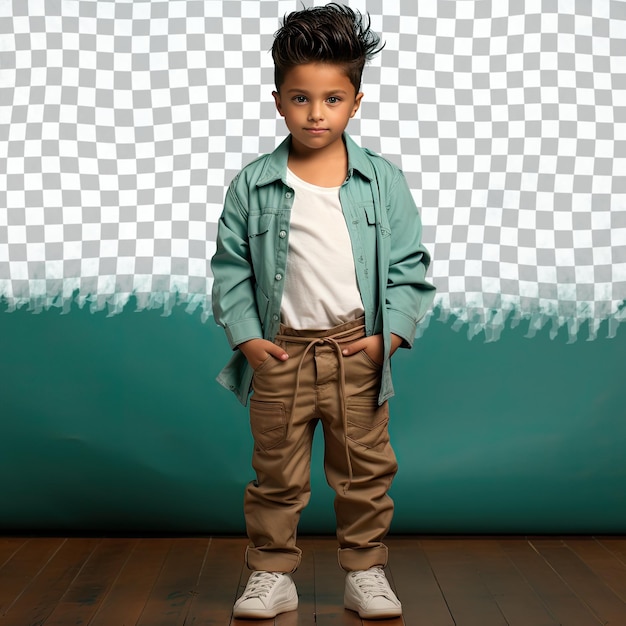 A pessimistic child boy with short hair from the native american ethnicity dressed in dancer attire poses in a relaxed stance with hands in pockets style against a pastel teal background
