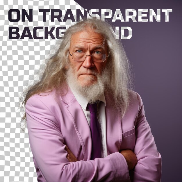 PSD pessimista assistente legale senior scandinavo con i capelli lunghi fa una pose su pastel mauve