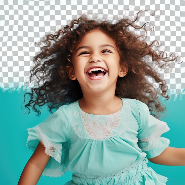 Una bambina pessimista con i capelli ricci dell'etnia del sud-est asiatico vestita in abiti da ballo alla musica posa in stile playful laugh su uno sfondo pastello turchese