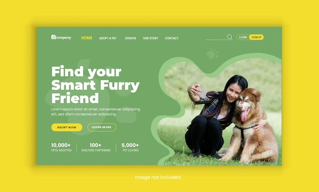 Pet adoption landing page or animal adopt website homepage hero section ui ux design template