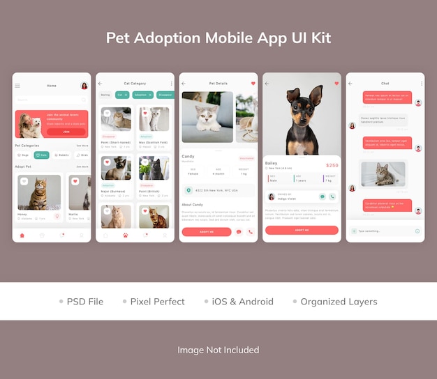 Kit dell'interfaccia utente dell'app mobile per l'adozione di animali domestici