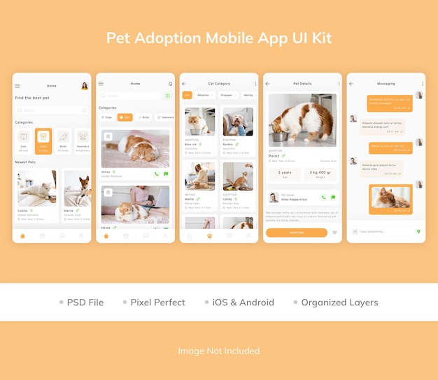 Комплект пользовательского интерфейса для мобильного приложения pet adoption