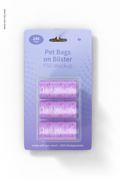 PSD pet bags on blister mockup, hanging on wall