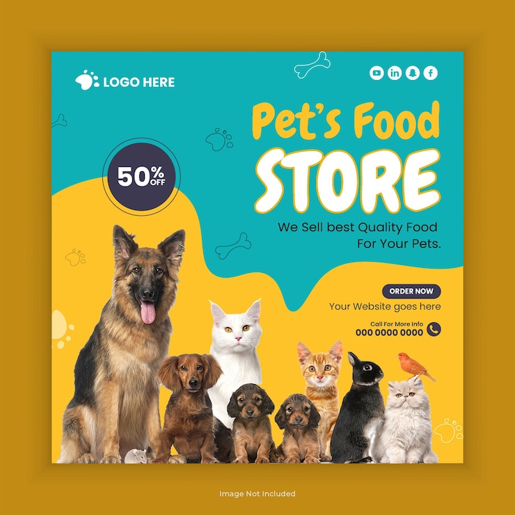 PSD pet food social media post design or animal food store instagram square flyer template