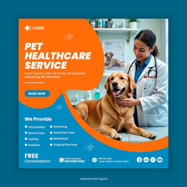 PSD pet healthcare service social media post design or pet care square instagram web banner template