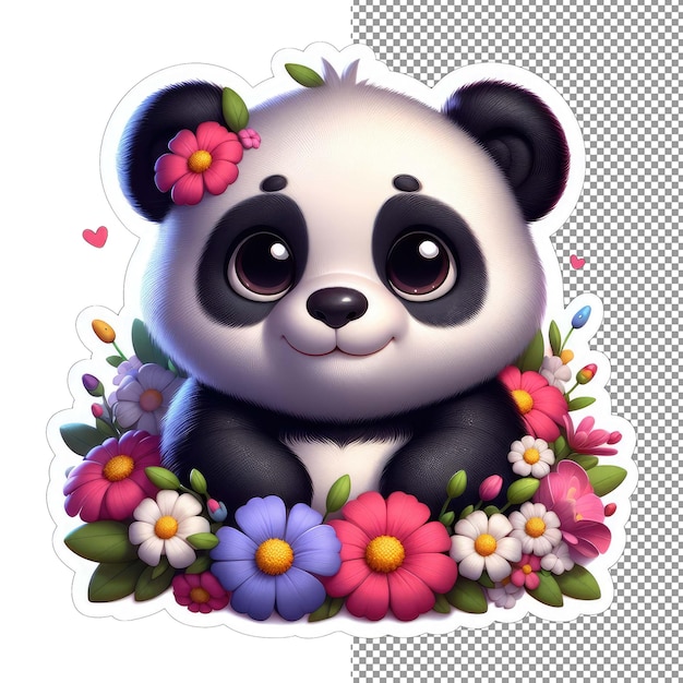 PSD Петальная панда очаровательный медведь среди цветов наклейка